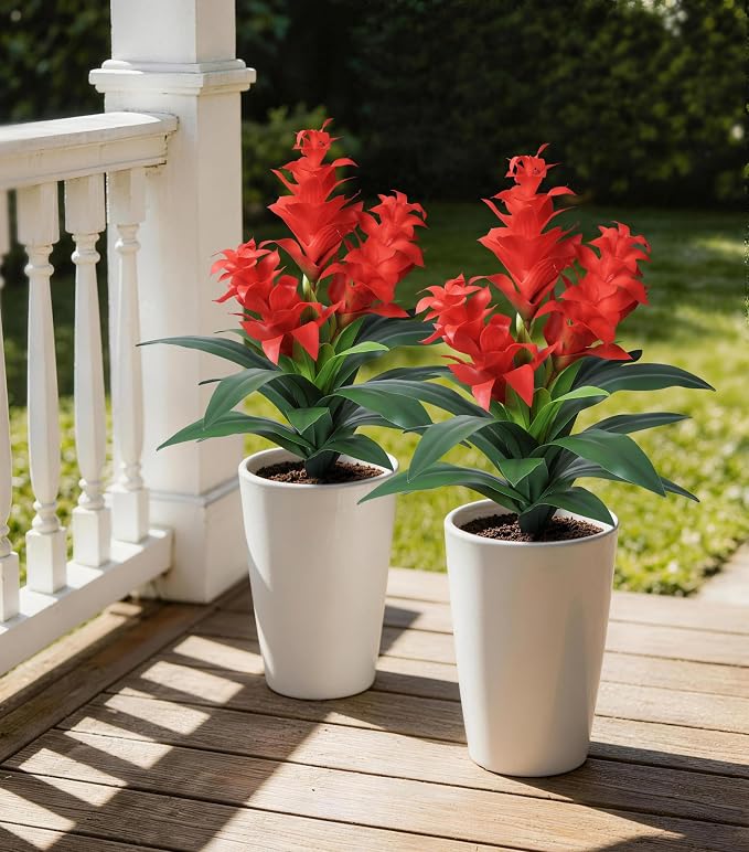 Ivydale Artificial Flowers for Outdoors, 2 Pcs 20.47" 3-Head Bromeliad Fake Plants UV Resistant Artificial Plants Outdoor Tropical Flowers for Planters Outside Porch Patio Yard Garden Indoor Decor