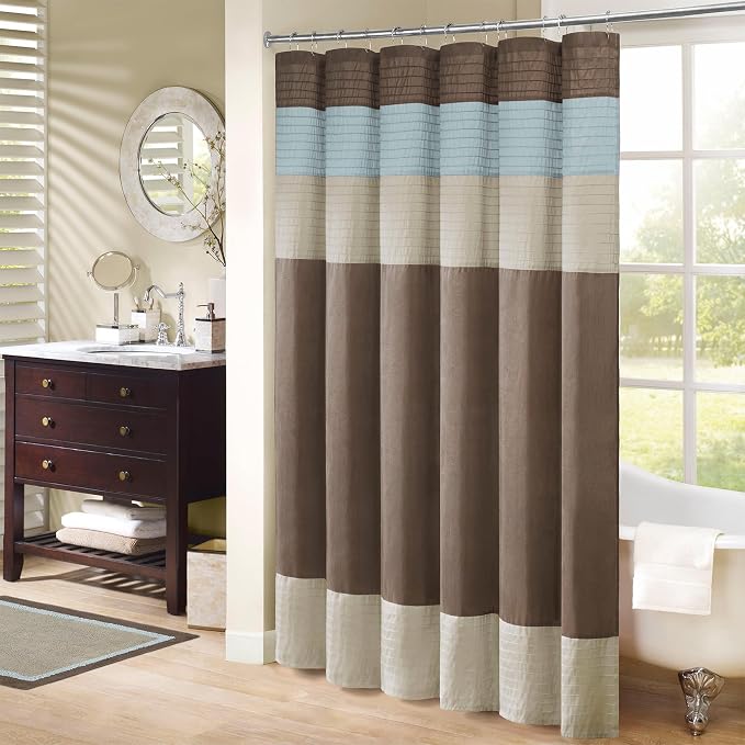 Madison Park Bathroom Shower Curtain, 72 x 84 Extra Long, Faux Silk, Blue | Modern Classic, Light Sheen, Pieced, Striped, Microfiber, Machine Washable, OEKO-TEX Certified, Amherst