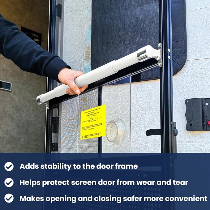 RV Screen Door Grab Bar, Camper Door Support Handle Bar Accessories | Easy Grip Handle, Adjustable 21.5"-32", Centering Guide Marks, Aluminum Bar with Zinc Alloy Base, Protects Screen Doors-White