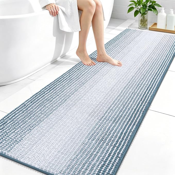 OLANLY Bathroom Runner Rugs 70x24, Chenille Striped Bath Rugs, Airy Blue | Extra Soft Absorbent, Rubber Backing, Machine Wash Dry, Bath Mats for Bathroom Floor, Tub and Shower, Home Decor Accessories