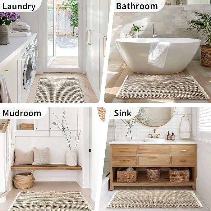 Long Bath Mat, Waffle Bathroom Runner Rug Non Slip Washable, 24 x 60 | Super Absorbent, Quick Dry Bath Runner, Soft Waffle Weave, Boho Farmhouse Bathroom Decor in Khaki and White for Sink or Tub.