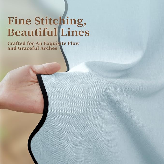72x80 Boho Scalloped Linen Textured Cloth Shower Curtain Set, Fog Blue | Long Size, 230GSM Waterproof Polyester, Heavy Duty Fabric, 12 Plastic Hooks, Elegant Modern Farmhouse Style, Machine Washable