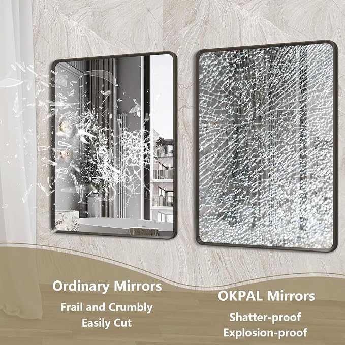 OKPAL 30X36 Inch Matte Black Metal Frame Bathroom Mirror for Wall, Black Bathroom Vanity Mirror Farmhouse, Black Rounded Rectangle Mirror, Anti-Rust, Tempered Glass (Horizontal/Vertical)