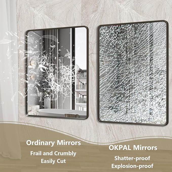 OKPAL 20 x 24 Inch Black Bathroom Mirrors for Over Sink, Rounded Rectangle Black Bathroom Vanity Mirror, Beveled Framed Mirror for Wall, HD Glass, Anti-Rust Aluminum Alloy Mirror
