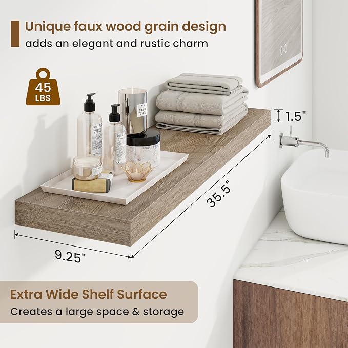 Marsmiles 9.25in Depth 36in Floating Shelves, 36x9.25x1.4, Grey, Set of 2 | Wall Mounted Engineered Wood Shelves, Invisible Brackets for Living Room, Bedroom, Bathroom, Kitchen Decor and Storage