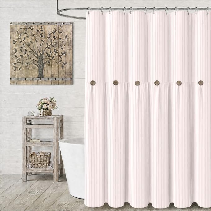 Farmhouse Shower Curtain Button Pink Stripe 72" W x 72" L | Farmhouse Style, Chic Button, Striped, Linen Fabric, Rustic, Country, Natural Look, Washable, for Bathroom Bathtub