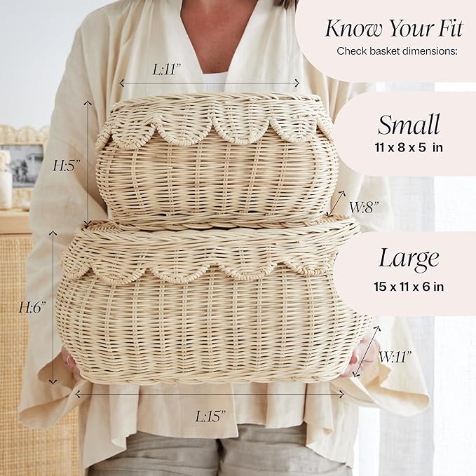 BEBE BASK The Original Scalloped Basket with Lid - Set of 2 (15x11x6 In) | Handwoven & Award Winner, Sustainable Rattan, Wicker Basket With Scalloped Edge Lid, Nursery Storage, Scallop Basket, Natural