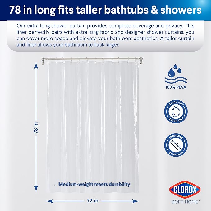 Clorox Shower Curtain Liner, Premium Medium-Weight Durable Waterproof 6g PEVA for Bathroom with Weighted Magnets, Extra Long 72" x 78", Clear 1 Pack