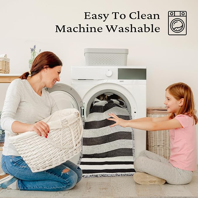 Matessenz Waffle Bath Mat 20x32, Super Absorbent Non Slip Bathroom Rug with Rubber Backing, Machine Washable Soft Quick Dry Bath Mat for Bathroom Floor, Boho Striped Bath Rug with Tassels, Black White