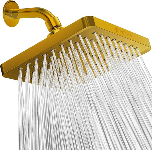 SparkPod Rain Shower Head, 8 Inch Square, Egyptian Gold Finish | High Pressure Shower Heads, 90 Nozzles, Adjustable Showerhead, No Tools Needed, Universal Connection