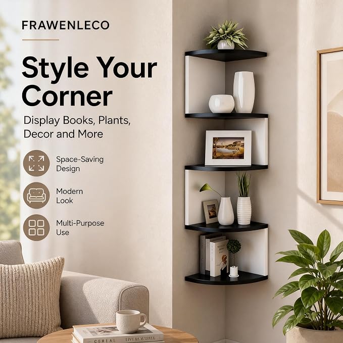 No-Drill Corner Shelf Wall Mount, 5-Tier Floating Corner Bookshelf with Hooks, Space-Saving Zigzag Plant Shelf for Bedroom, Living Room, Bathroom, Home Office(Black & White)
