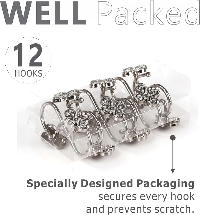 Brushed Nickel Shower Curtain Hooks: Rust Proof Metal Curtain Rings, 12Pcs | Stylish Clover Knot Decorative Shower Hooks, Elegant Flower Hanging Hangers for Shower Rod, Gift for Modern Bathroom Decor