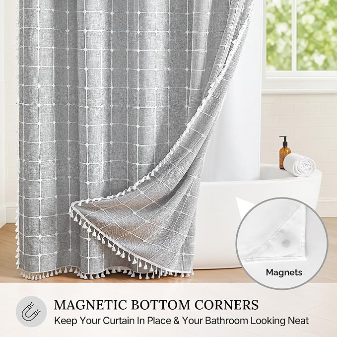 River Dream Farmhouse No Hooks Shower Curtain with Snap-in Liner,Grey,71x74 | Snap on Fabric Liner,Heavy Duty,Quick Dry,With Bottom Magnets,Washable,with Tassels, Rustic Boho Farmhouse,Standard Size