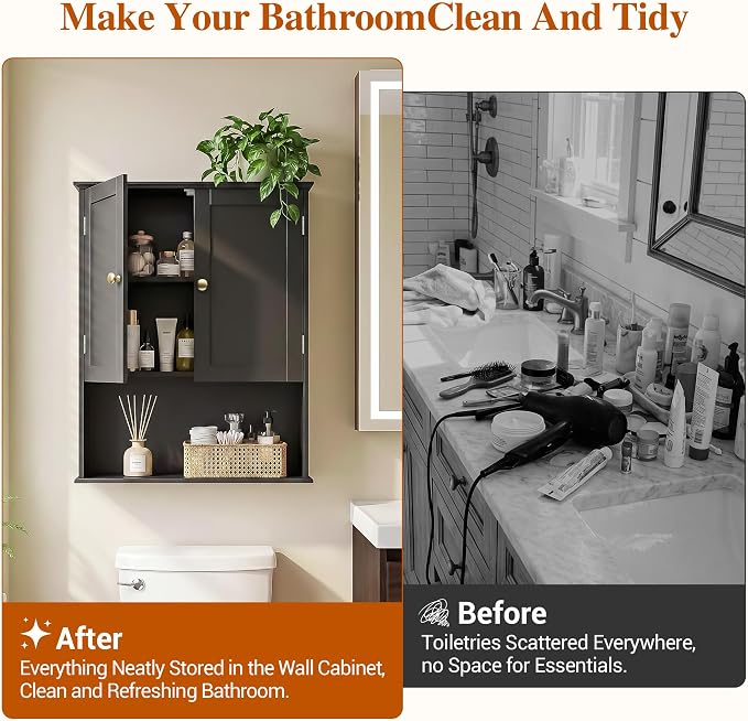 Bathroom Wall Cabinet, Black 30" x 24" Wall Mounted Medicine Cabinet, Over Toilet Storage Hanging Cabinet Adjustable Shelves Cupboard with Large Space for Laundry Room, Bedroom, Kitchen, Entryway