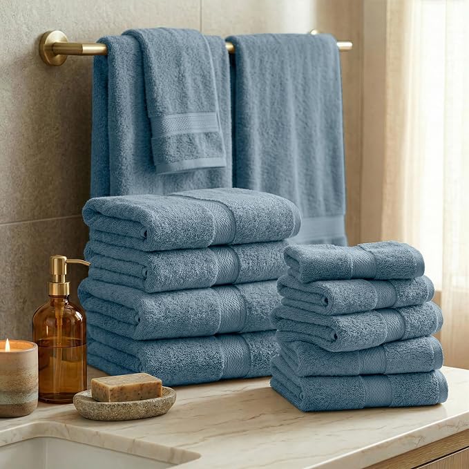SUPERIOR Egyptian Cotton Ultra Plush & Absorbent, 12 Piece Set, Denim Blue | Heavyweight 12 Pc Egyptian Cotton Towel Set Includes 4 Bath Towels 4 Hand Towels 4 Washcloths Decorative Rope Border