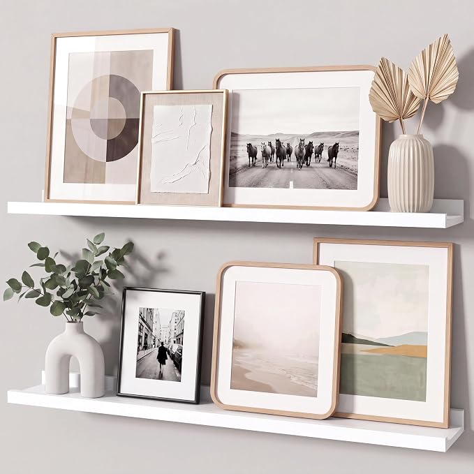 White Picture Ledge Shelves for Wall, 4.5" Deep Wood Floating Shelves with Lip for Bedroom, Living Room, 30" Width, Color White Set of 2