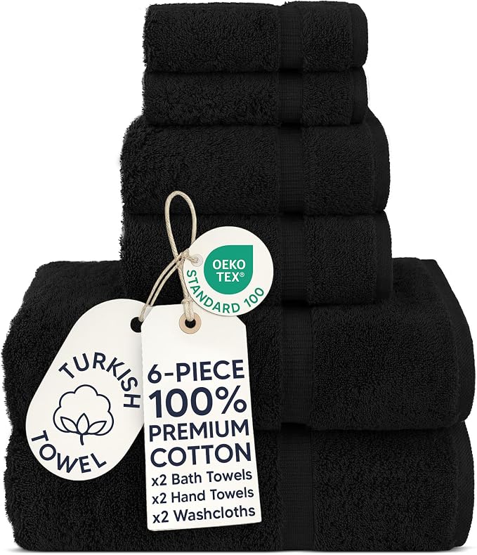 Chakir Turkish Linens 6 Piece Towels Set, 100% Cotton Luxury Turkish Towels for Bathroom, Soft Absorbent Bath Towel Set with 2 Bath Towels 2 Hand Towels 2 Washcloths, Black