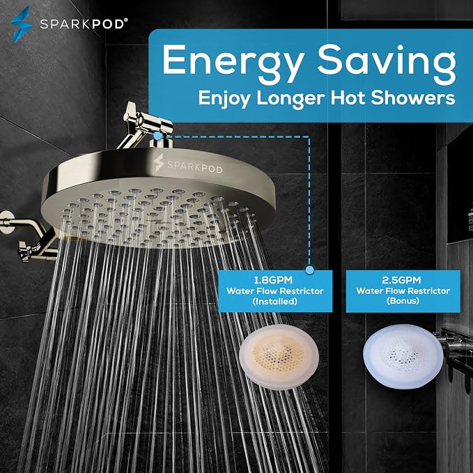 SparkPod Rain Shower Head, 8 Inch Round, Elegant Brushed Nickel Finish | High Pressure Shower Heads, 90 Nozzles, Adjustable Showerhead, No Tools Needed, Universal Connection