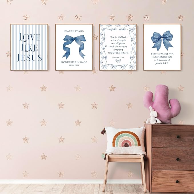 LARTSFRO Coquette Navy Blue Bow Jesus Wall Art Decor Posters, Blue Bow Christian Room Bedroom Bathroom Wall Art Decor Aesthetic for Teen Girls College Gifts, Inspirational Bible Verses Bow Wall Decor, 10x8 Inch Set of 4 Bow Pictures(UNFRAMED)