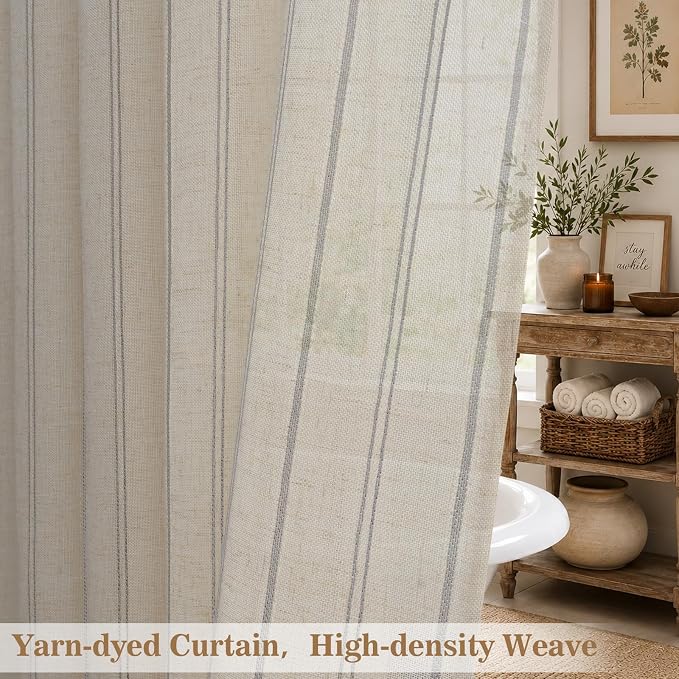 Yinhua Farmhouse Shower Curtain with Ruffle, Grey Striped Linen Shower Curtains Set with 12 Metal Hooks for Bathroom, Country Rustic Vintage Bath Curtain Waterproof Heavy Duty, 72" W x 72" L
