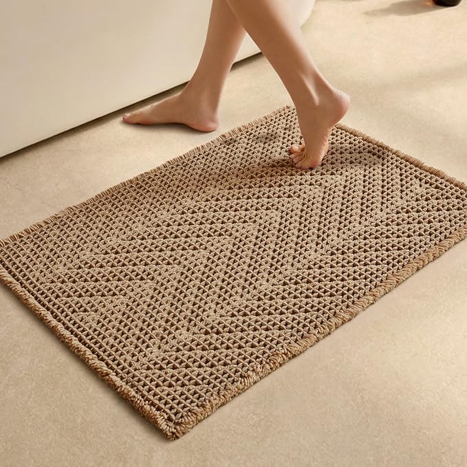 Sunfly Boho Bathroom Rug, Herringbone Waffle Bath Mat Non-Slip Washable Super Absorbent Quick Dry, Farmhouse Bath Mat for Bathroom Floor Decor 20"*30" Khaki