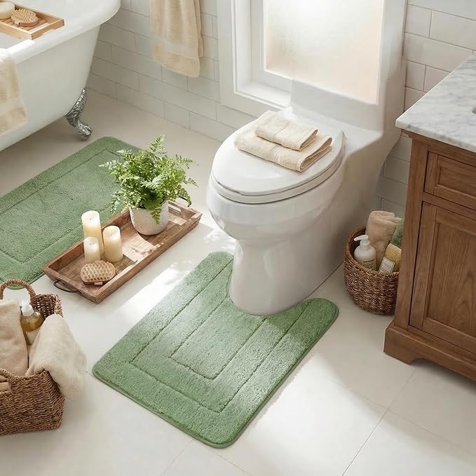 GRANNY SAYS Sage Green U Shaped Toilet Rug 20" x 24", Non-Slip Bath Mat | Soft microfiber, TPR backing, absorbs water quickly, machine washable, fits around most standard toilet bases