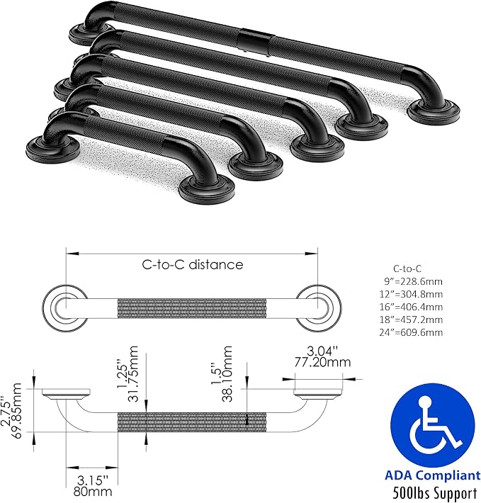 1-1/4" Knurled Grab Bar, ADA Compliant Bath Safety Shower Handrail, Bathroom Mobility Aid Handle for Seniors and Disabled, Heavy Duty 500lbs Support