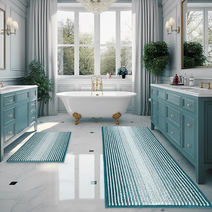 Bathroom Rugs and Mats Sets, 2 Piece Thick Absorbent Chenille Bath Mat Rug Set Non Slip, Soft Shaggy Bath Room Floor Mats for Bathroom, Machine Washable (Teal, 24" x 70" Plus 20" x 32")
