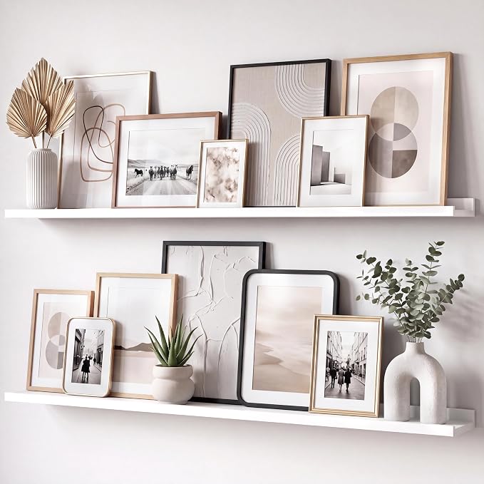 White Picture Ledge Shelves for Wall, 4.5" Deep Wood Floating Shelves with Lip for Bedroom, Living Room, 48" Width, Color White Set of 2