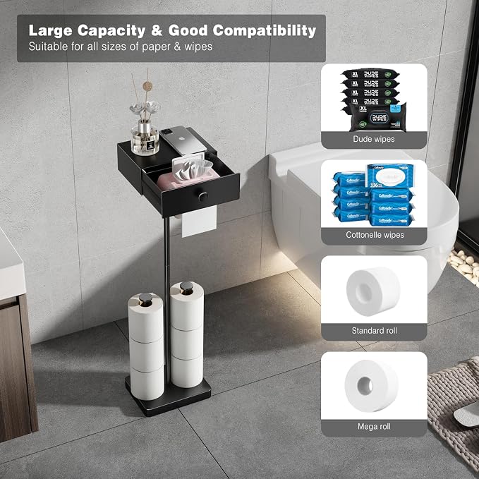 VOLDRA Toilet Paper Holder Stand with Shelf, Free Standing Black Toilet Paper Roll Holder with Wipes Storage Drawer Heavy Duty Floor Bathroom Tissue Holder Freestanding No Drill Tp Holder for 7 Rolls