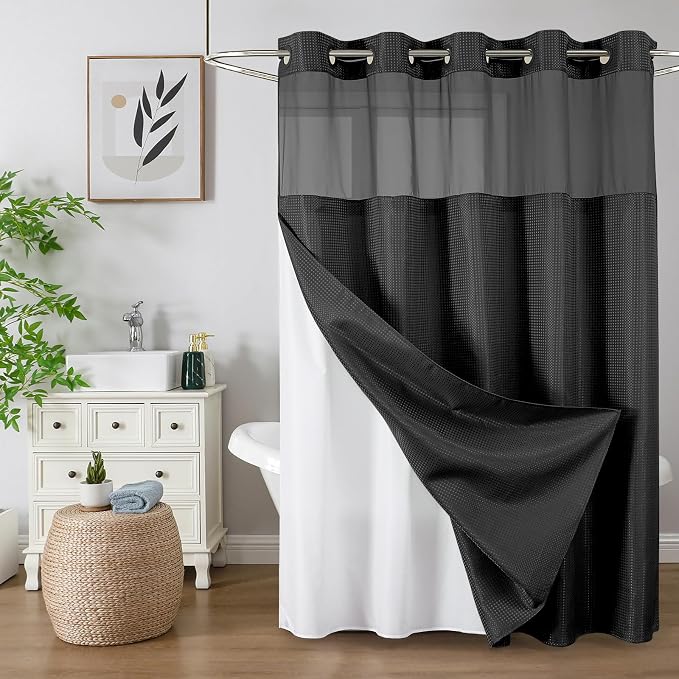 Colorful Star Black No Hook Waffle Shower Curtain with Liner, 72 x 81 Inch | Heavy Duty Thick Shower Curtain Sets with Snap in Fabric Liner and Mesh Top Window, Hotel Style Waterproof Bathroom Curtain