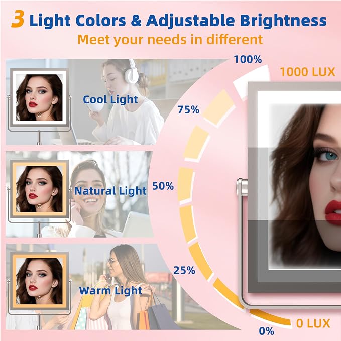 Ruacq Makeup Mirror with Lights 1X/10X Height Adjustable Brushed Nickel | 8",4000mAh Rechargeable,Dual Sided Magnifying Vanity Mirror,3 Color Lights,Adjustable Brightness,Square,Gift for Women