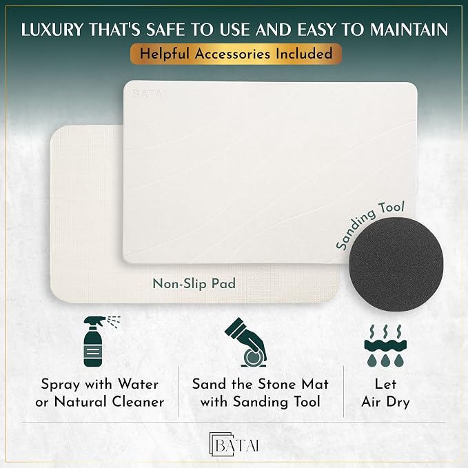 Extra Large Diatomaceous Earth Stone Bath Mat (31.5” x 19.7”) Beige XL | Fast Absorbent Shower Stone Bath Mat For Bathroom - Quick Dry, Easy Clean and Non-Slip Mat - Instant Drying Diatomite Bathmat