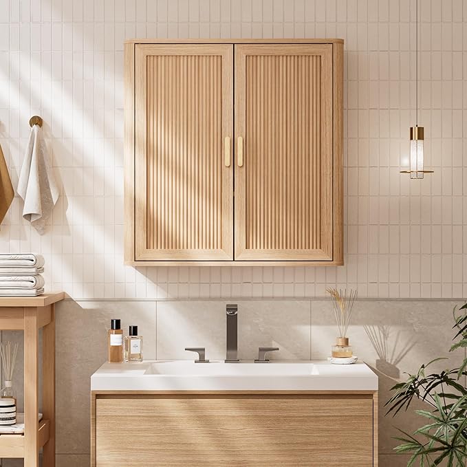 Bathroom Storage Wall Cabinet, Over the Toilet Storage Cabinet Above Toilet Storage, Medicine Cabinet with Adjustable Wood Shelf & Doors for Laundry Room & Kitchen & Living Room (Natural Oak)