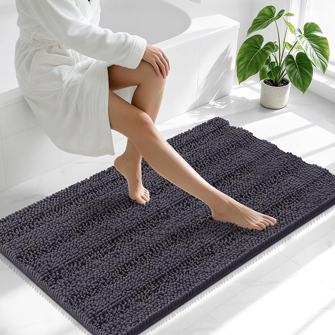 Smiry Thick Chenille Large Bathroom Runner Rugs 45x27, Bath Mat, Dark Grey | Quick‑Dry & Machine Washable, Non‑Slip Bath Carpet, Soft Striped Bath Rugs for Tub & Shower, Modern Home Decor Accessories