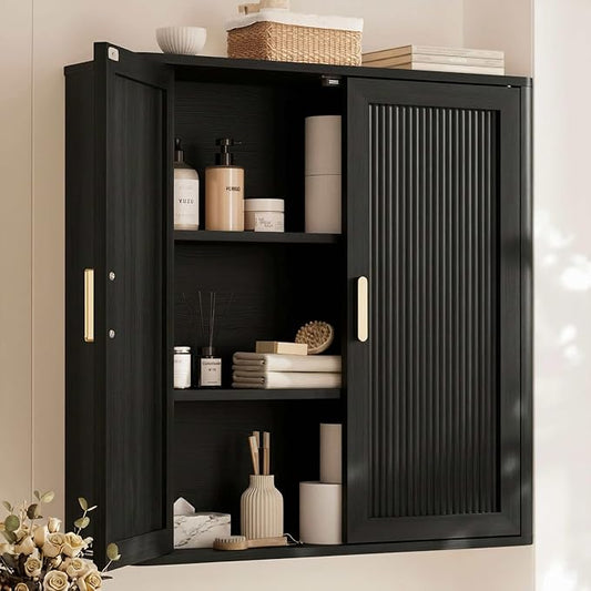Bathroom Storage Cabinet, Over The Toilet Storage Cabinet, Medicine Cabinet with Adjustable Wood Shelf & Doors for Laundry Room & Kitchen & Living Room(Black)