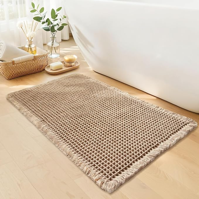 Waffle Bath Mat, Boho Bathroom Rug Non Slip Washable, 20 x 32, Khaki | Super Absorbent Quick Dry Bath Mat, Small Boho Bathroom Mats, Soft Waffle Weave Farmhouse Bathroom Decor for Shower or Tub