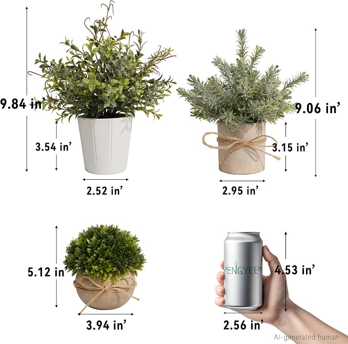 4 Pack Small Fake Plants in White Pulp Pot for Home Decor | Lifelike, Easy to Clean, for Bathroom Shelf Farmhouse Desk Decor, No Watering, 4 Mix-and-Match Styles