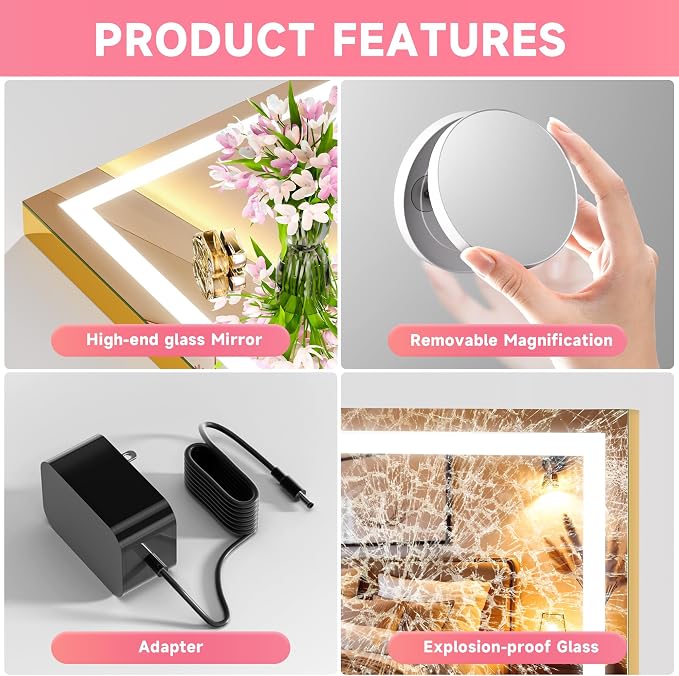 Vanity Mirror with Lights, 28" x 20" LED Makeup Mirror with 10X Magnification, Dimmable 3 Modes, Memory Function, Smart Touch, USB Charging Port, Lighted Makeup Mirror Square Glod