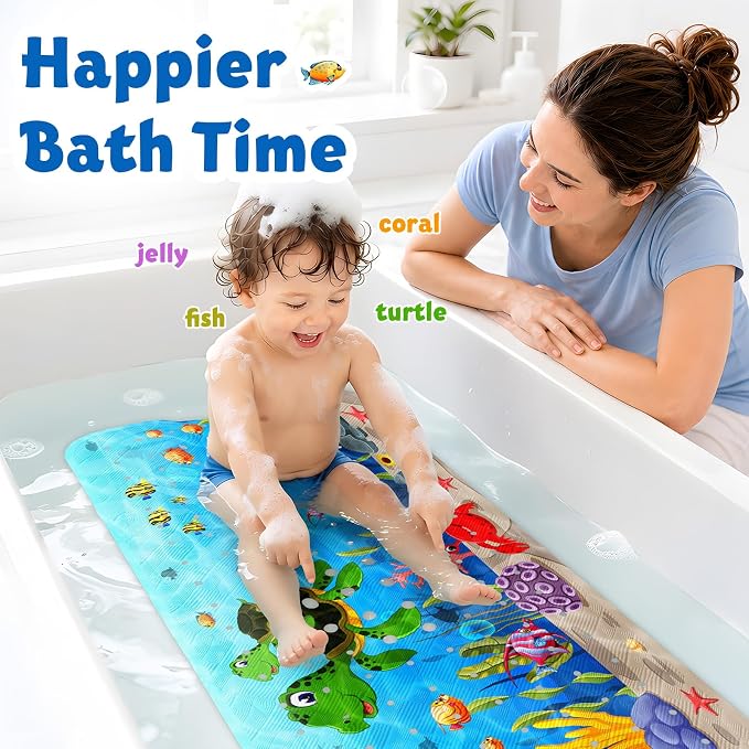 Baby Bath Mat for Tub Non Slip, BPA Free Extra Long Bathtub Mat Non Slip 40x16 with Drain Holes and 200 Suction Cups, Non Toxic Machine Washable Bath tub mat, EU Certified, Sea Turtle
