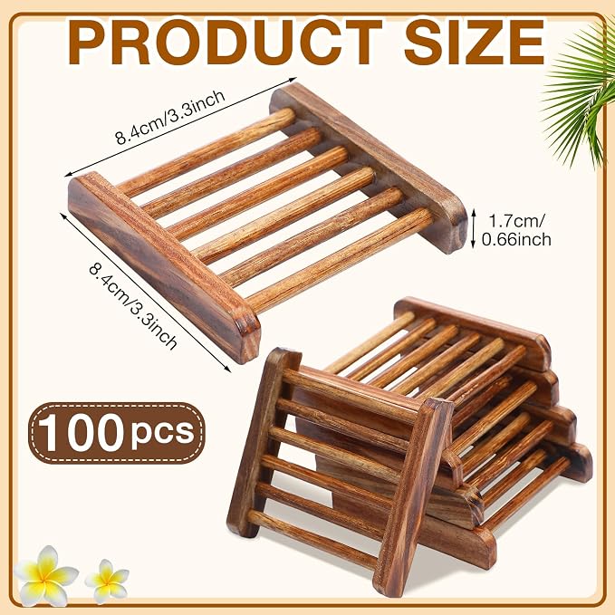 100 Pcs Bamboo Wood Soap Dish Bulk Bathroom Wooden Soap Holder Savers Self Draining Dishes Handcraft Tray, 3.3 x 3.3 x 0.67 Inch (Charcoal Color)