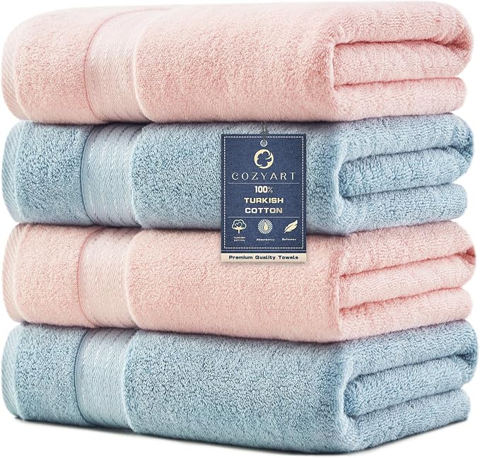 COZYART Luxury Bath Towels 4 PCS, 650 GSM Turkish Cotton, Pink+Light Blue | 27x54, Zero Twist 100% Ring Spun Cotton, Fluffy, Ultra Soft, Super Absorbent, Quick Dry Towels for Hotel Spa Bathroom Shower