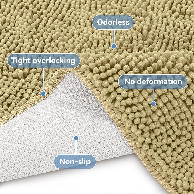 Bcoimo Small Bath Rug Mat,Chenille High Absorbent Beige Bathroom Floor Mats | Non Slip with Rubber Backing 24x17 Bathroom Rug; Machine Washable;Extra Soft Bath Rug;High Absorbent、Quick Dry Microfiber mat