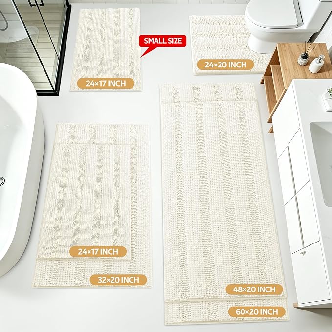 Striped Ice Cream Bathroom Rug Set 3 Pieces Ultra Soft, Non Slip Chenille Toilet Mat, Absorbent Plush Shaggy Bath Mats for Bathroom, Bedroom, Kitchen