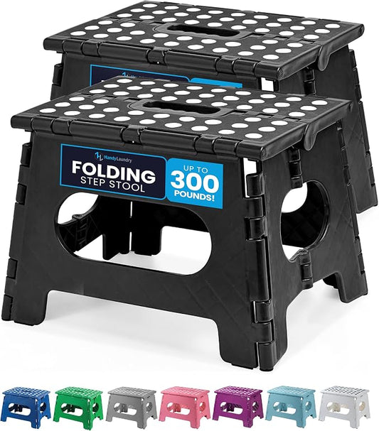 Handy Laundry Folding Step Stool 9 Inch 2-Pack, Black, Holds 300 lbs | 2-Pack, 9 Inch, Black, Foldable Collapsible Step Stool, Non-Slip, Holds 300 lbs, Kitchen Bathroom Bedroom, Adults
