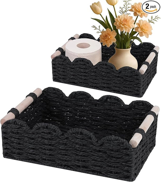 iEGrow Paper Rope Small Storage Baskets for Organizing, Set of 2 Scalloped Edge Wicker Basket with Wooden Handles Toilet Paper Basket for Over Toilet Storage Shelf, Home Decor, Living Room (Black)