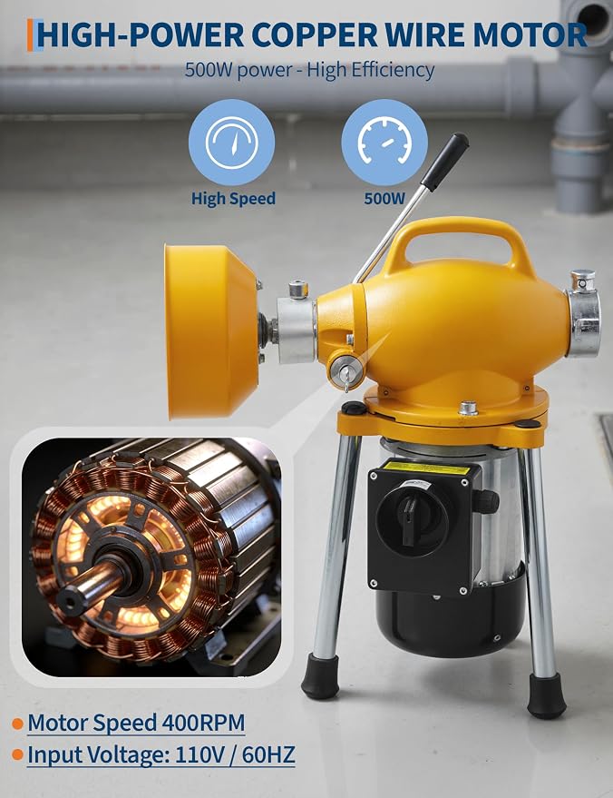 500W 400 RPM Auto Feed Electric Drain Cleaner Machine | Portable Drain Cleaning Auger Sewer Snake with 66 ft x 5/8" & 16 ft x 3/5" Steel Cables & 6 Cutters, for 1.6"-4" Pipes