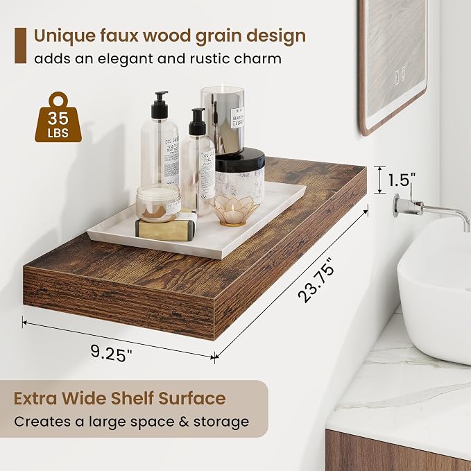 9.25in Depth 24in Floating Shelves, 24x9.25x1.4, Rustic Brown, Set of 2 | Wall Mounted Engineered Wood Shelves, Invisible Brackets for Living Room, Bedroom, Bathroom, Kitchen Decor and Storage
