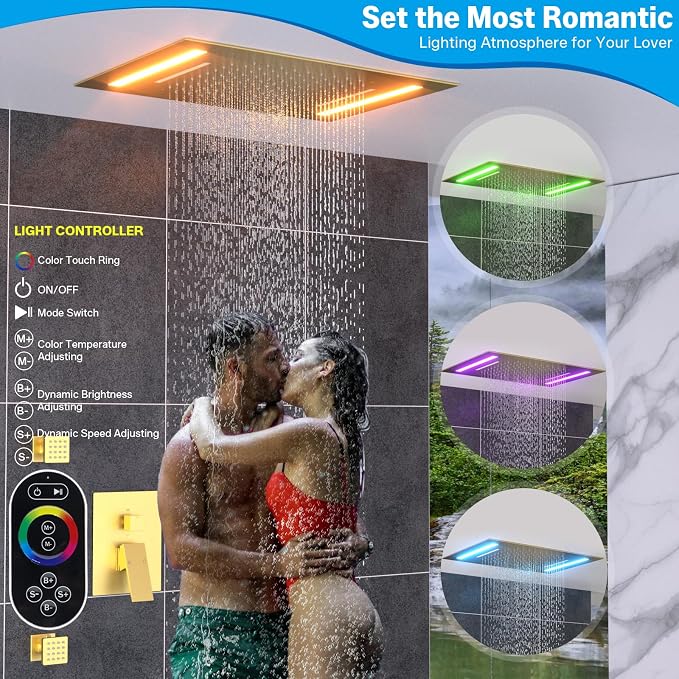 ENGA Shower System with Body Jets, 2 In 1 Functions Ceiling Mount 14x20inch LED Shower Head with 4 Body Jets, Rainfall Waterfall Shower Faucet Set, Brushed Gold