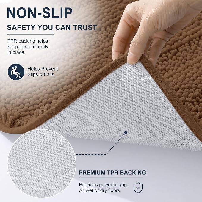 Smiry Thick Chenille Bathroom Rugs 36x24, Soft Absorbent Bath Mat, Mocha | Quick‑Dry & Machine Washable, Non‑Slip Bath Carpet, Striped Bath Rugs for Tub & Shower, Modern Home Decor Accessories